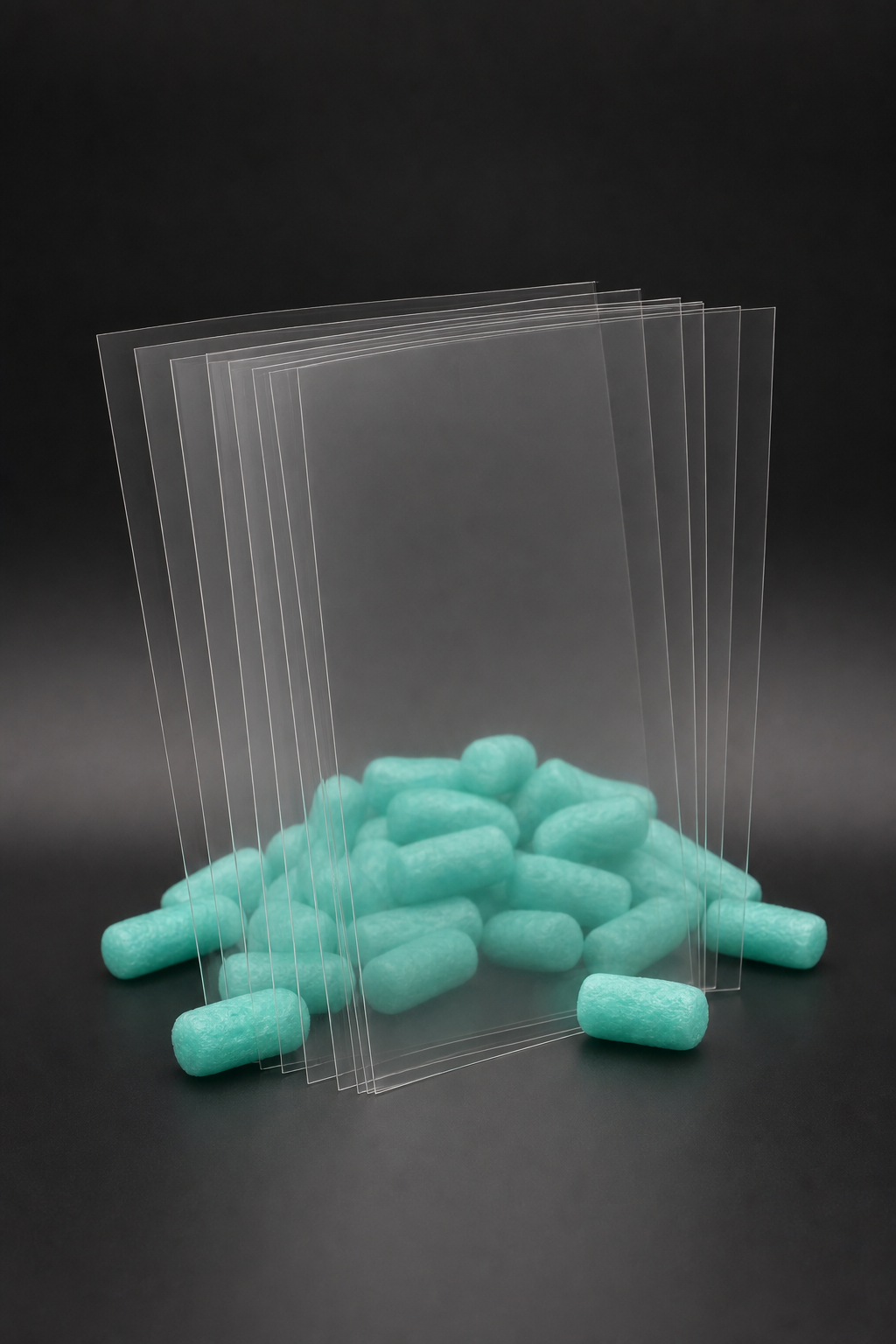 Transparente Folienzuschnitte mit türkisem Verpackungsmaterial vor dunklem Studiohintergrund
