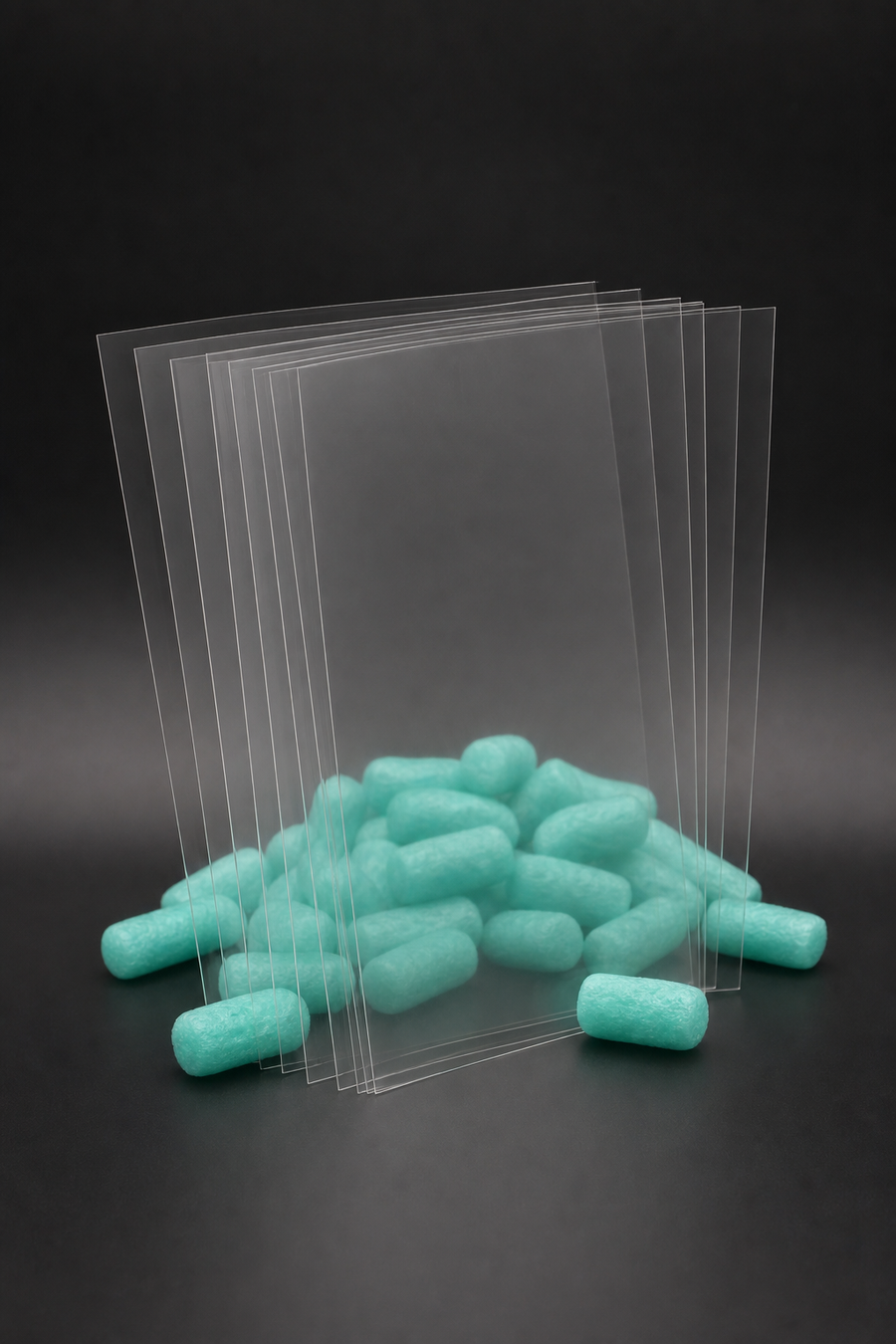 Transparente Folienzuschnitte mit türkisem Verpackungsmaterial vor dunklem Studiohintergrund
